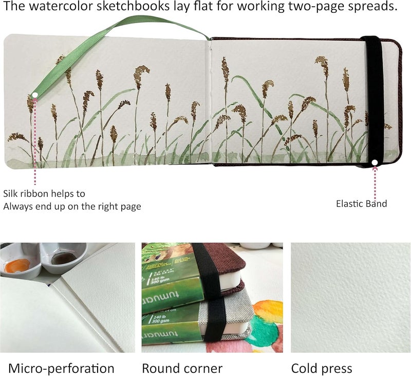 tumuarta Watercolor Journal, 3.5x5.5”, 140 LB, 300 GSM, Cotton Paper, Cold Press, 24 Sheets, 48 Pages, Watercolor Paper Sketchbooks for Use As Travel Notebook and Mixed Media Pad On The Go - Image 3